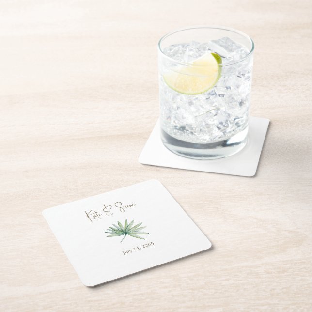 White Personalised Names Tropical Wedding  Square Paper Coaster (Insitu)