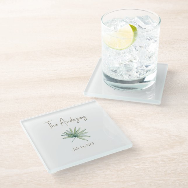 White Personalised Tropical Wedding  Glass Coaster (Angled)