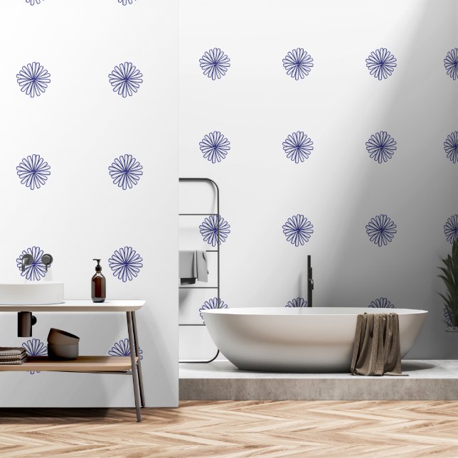 White Petals Blue Outline Home Decor  Wallpaper (Bathroom)