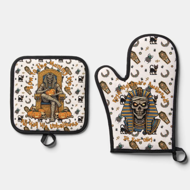 🤍 White Pharaoh Mummy Oven Mitts 🎃🔥 Oven Mitt & Pot Holder Set (Front)