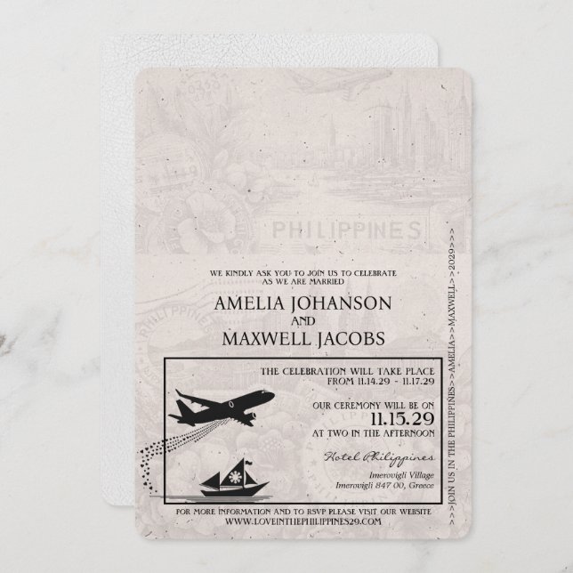 White Philippines Passport Wedding Invitation (Front/Back)