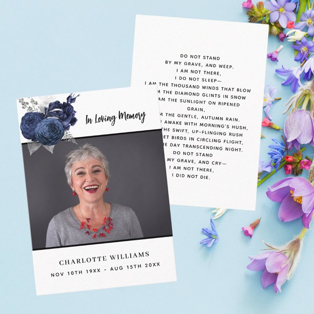 White photo blue floral funeral prayer card (Creator Uploaded)
