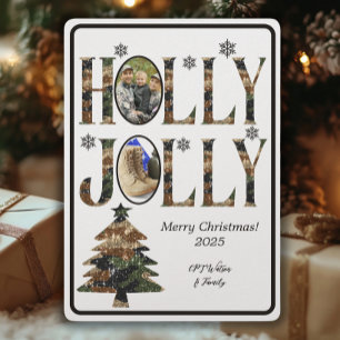 White Photo Camo Holly Jolly Merry Christmas Holiday Card