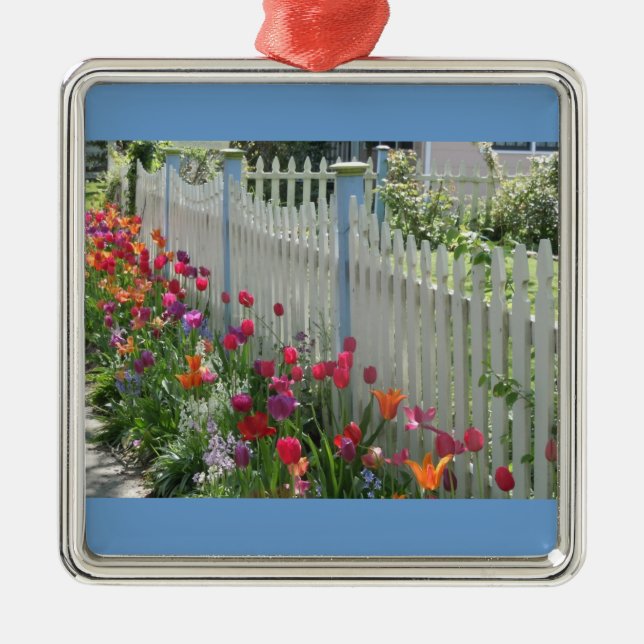 White Picket Fence With Tulips holiday ornament (Front)