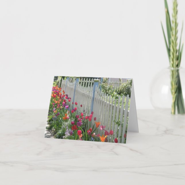 White Picket Fence With Tulips note card (Front)
