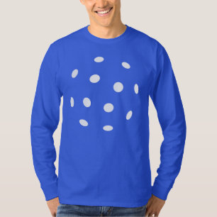 White pickleball holes on blue T-Shirt