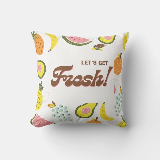 "White Pillow with Refreshing Fruit Design" (Front)