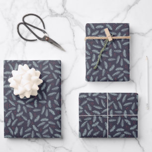White Pine Boughs Feathers Holly Berries Christmas Wrapping Paper Sheet
