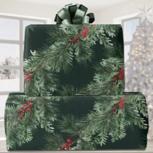 White Pine Green Spruce Red Berries Garland Forest Wrapping Paper