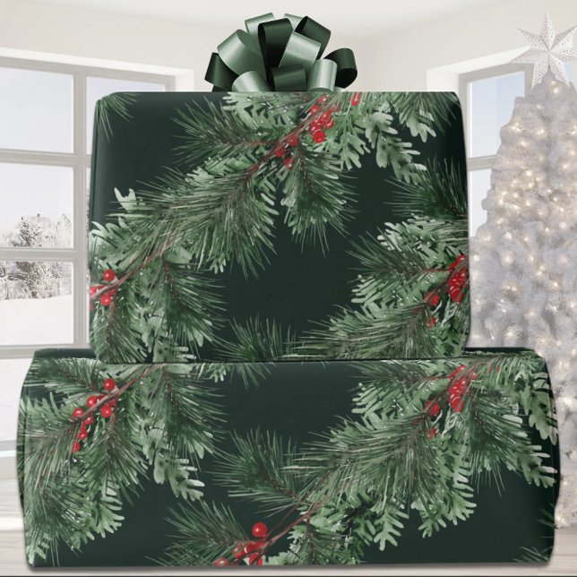White Pine Green Spruce Red Berries Garland Forest Wrapping Paper (Creator Uploaded)