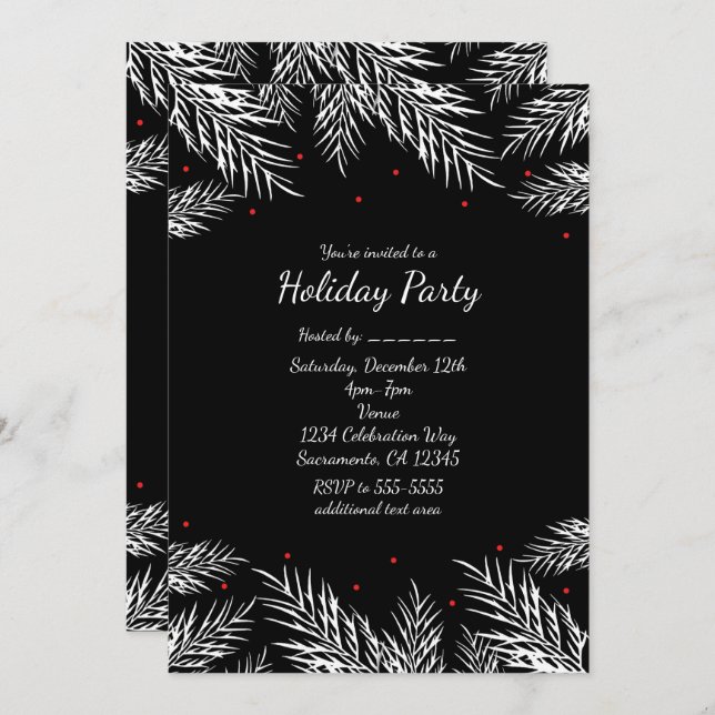 White Pine & Red Berries Black Holiday Invitations (Front/Back)