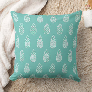 White Pineapples on Turquoise Blue Cushion