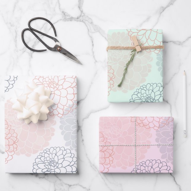 White Pink and Blue Dahlias Wrapping Paper Set (Front)