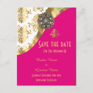 White, pink and gold damask save the date announcement postcard