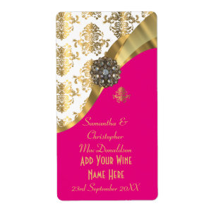 White, pink and gold damask wedding wine bottle