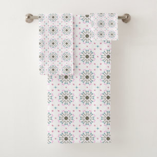 White pink and green geometric pattern bath towel set