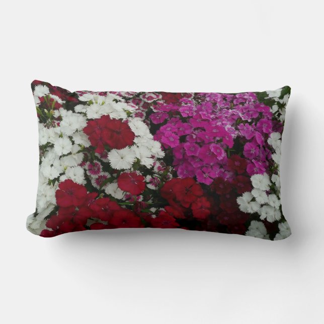 White, Pink and Red Dianthus Floral Lumbar Cushion (Front)