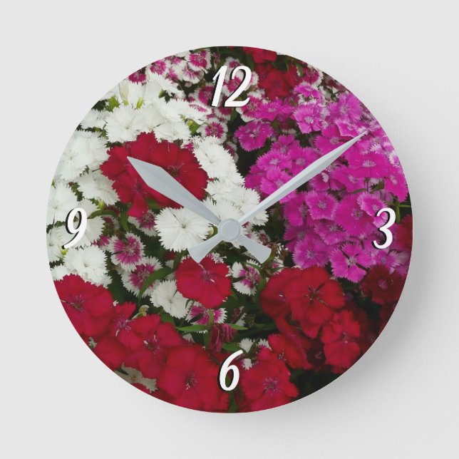 White, Pink and Red Dianthus Floral Round Clock (Front)
