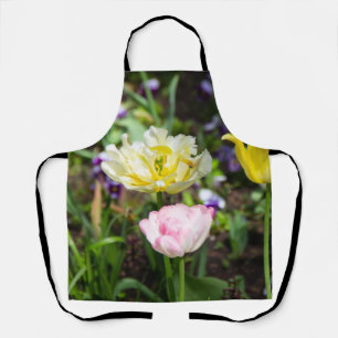 White, pink and yellow tulips in the garden apron