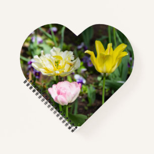 White, pink and yellow tulips in the garden notebook