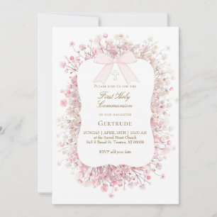 white pink baby's breath flowers First Communion Invitation