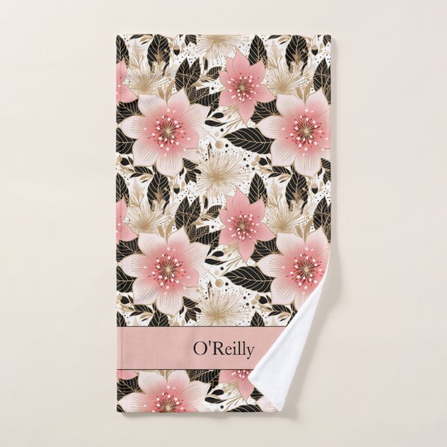 White Pink Black Flower Monogram Pickleball Towel (Hand Towel)