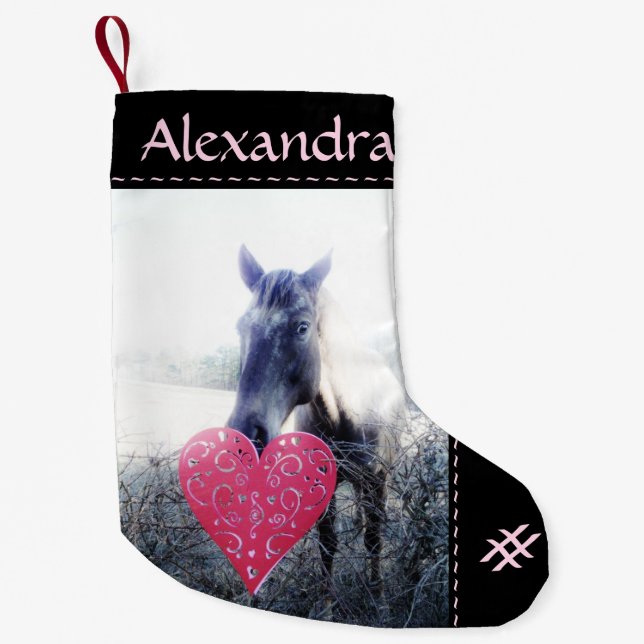 white pink black / horse & heart Christmas Horse Small Christmas Stocking (Front)