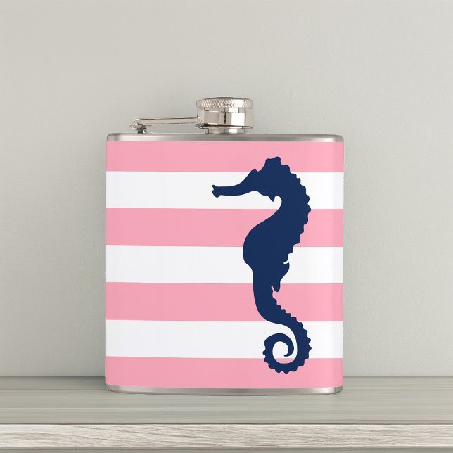 White Pink & Blue Wide Stripes Pattern Seahorse Hip Flask (Creator Uploaded)