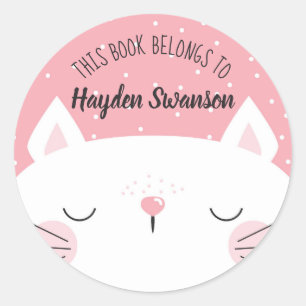 White & Pink Cat   This Book Belongs To Classic Round Sticker