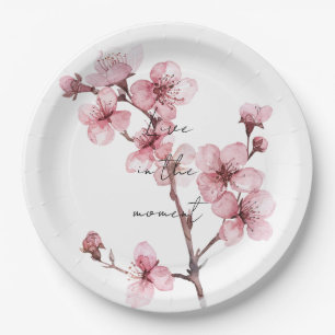 White Pink Cherry Blossom Floral Paper Plate