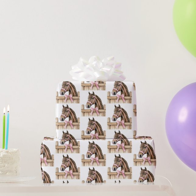 White Pink Cowgirl Horses Fence Birthday Wrapping Paper (Party Gifts)