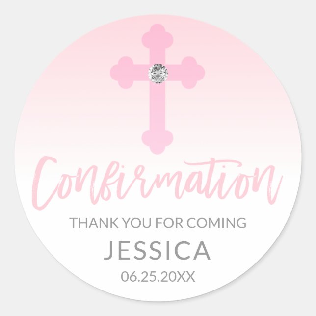 White Pink Cross CONFIRMATION Girl Thank You Classic Round Sticker (Front)