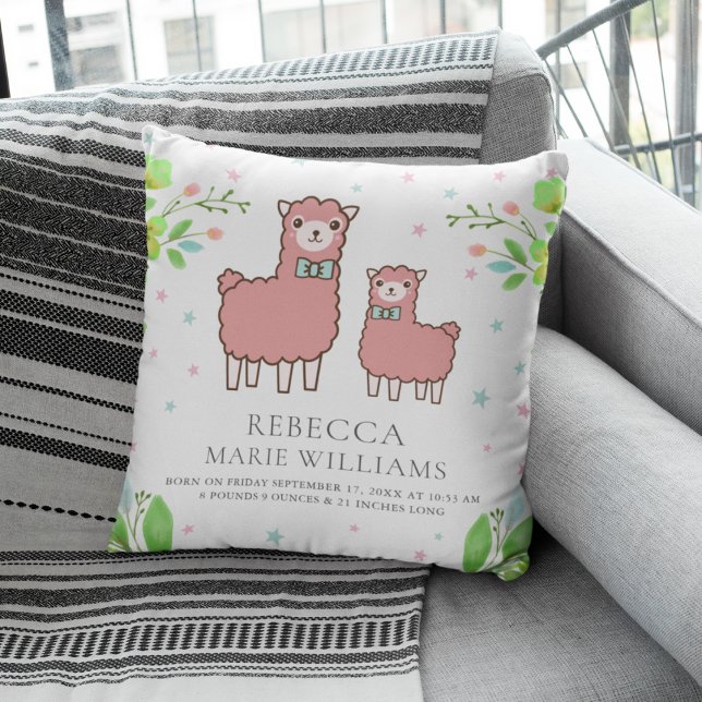 White Pink Cute Llama Baby Girl Birth Stats Cushion (Creator Uploaded)