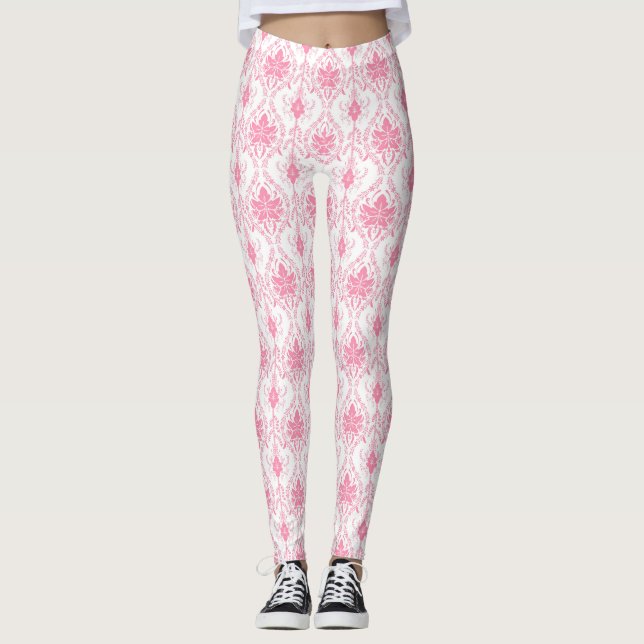 white pink damask pattern  leggings (Front)