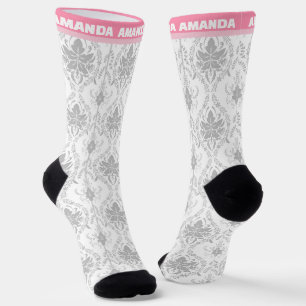 white pink damask pattern socks