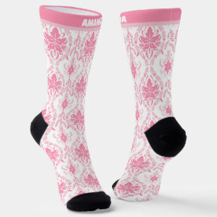 white pink damask pattern socks