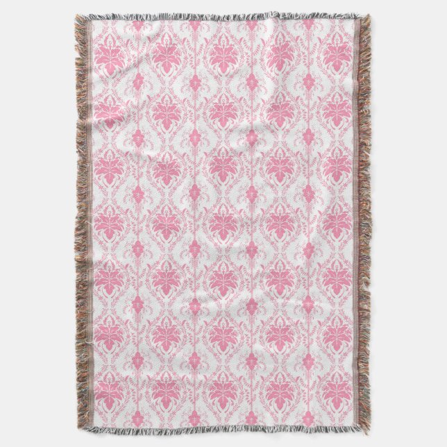 white pink damask pattern  throw blanket (Front Vertical)