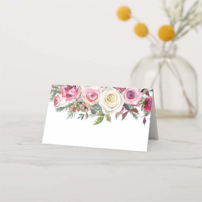 White Pink Elegant Flowers Name Number Place cards (Front)