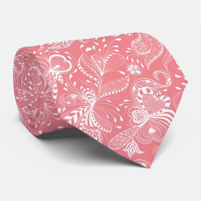 White & Pink Exotic Floral Swirls Tie (Rolled)