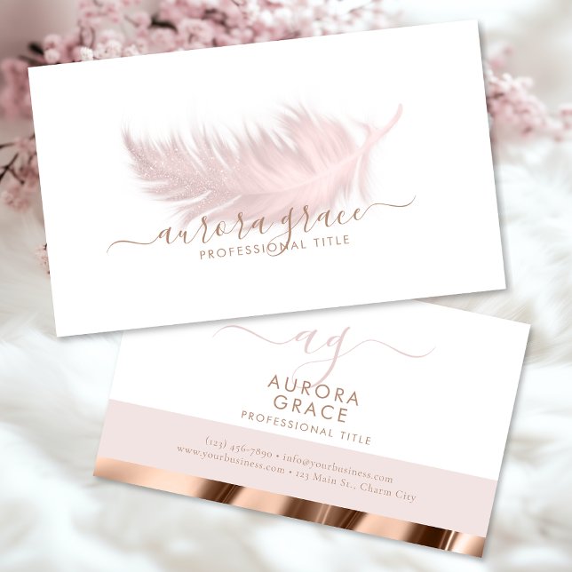White Pink Feather Rose Gold Business Card (Creator Uploaded)