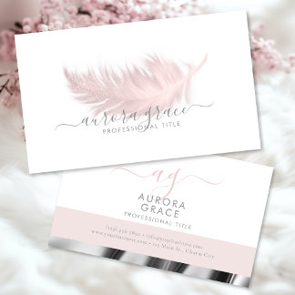 White Pink Feather Silver Business Card