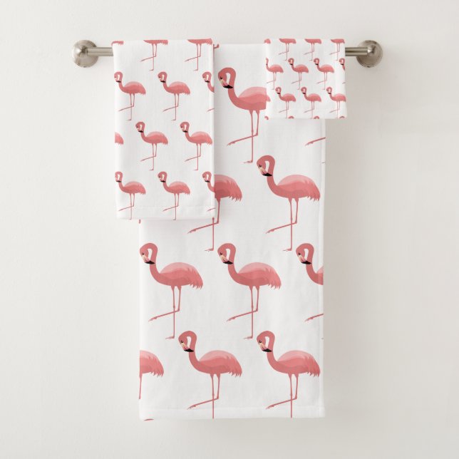 WHITE PINK FLAMINGO PATTERN BATHROOM TOWEL SET (Insitu)