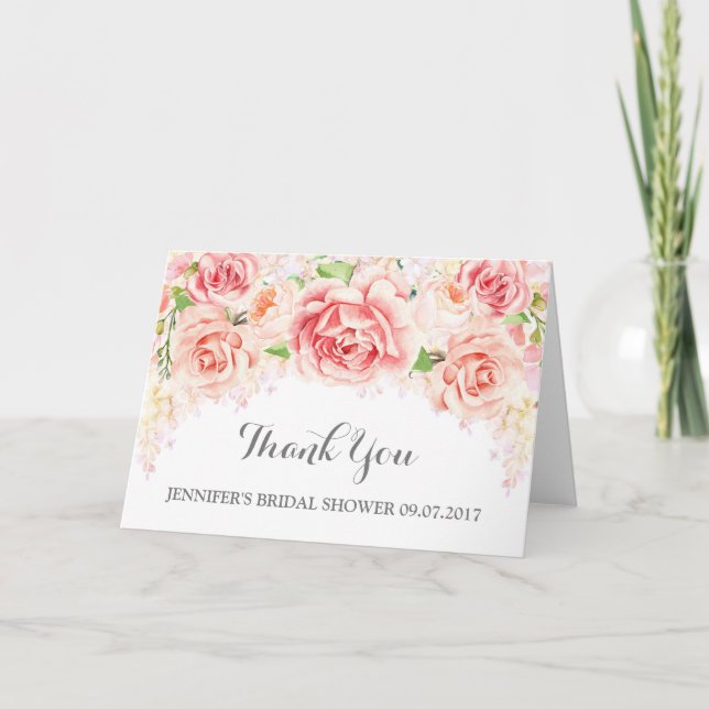 White Pink Floral Bridal Shower Thank You (Front)