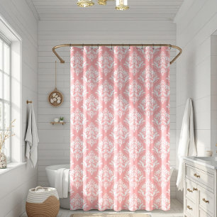 White & Pink Floral Damasks Pattern Shower Curtain