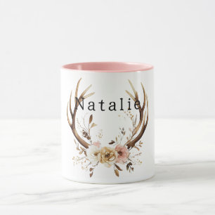 White Pink Floral Deer Antlers Personalised Mug