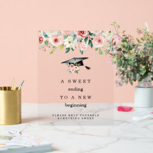 White & Pink Floral Hat Graduation Tabe Acrylic Sign