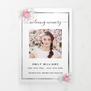 White pink floral photo tri-fold funeral program announcement
