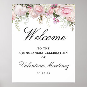 White Pink Floral Quinceanera Welcome Sign