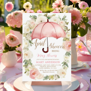 White Pink floral Umbrella April Showers  Invitation