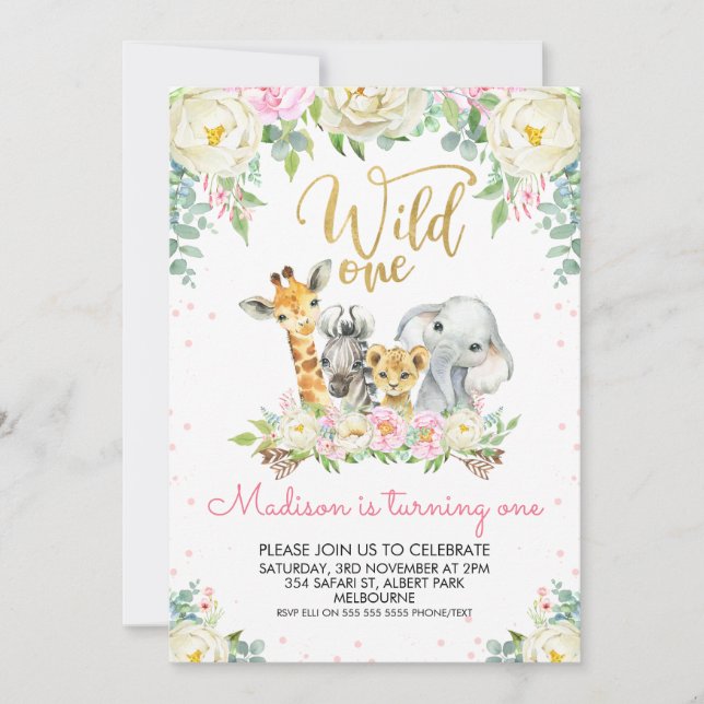 White Pink Floral Wild One Birthday Invitation (Front)